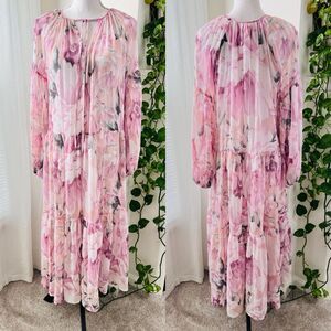H&M Pink Floral Super Soft Flowy Chiffon Ruffly Tiered Sheer Maxi Dress - Small